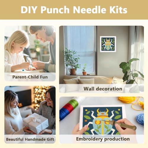 Doodlream Beetle DIY Punch Needle Embroidery Kit for Adult Beginner, 9.4" Scarab Flower Animal Punch Stitching Craft Set for Starter with Frame, Fabric Pattern, Threader, Yarn, Pinch Needle - color: Beetle