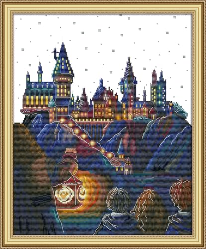Funcrostitch Counted Cross Stitch Kits for Beginners,14ct Unprinted Pattern Embroidery Kit Dmc Cotton Threads Needleworks for Adults-Magic Castle 13.4"X16.5" - color: 16.14CT Counted Kit,Magic Castle 13.4"X16.5"