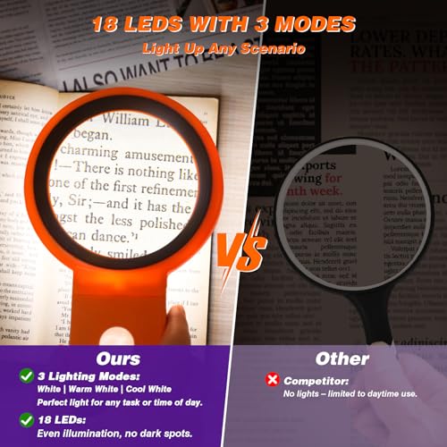 Magnifying Glass with Light and Stand, Foldable Handheld Magnifying Glass 18 LED Illuminated Lighted Magnifier for Macular Degeneration, Seniors Reading, Close Work, Coins, Jewelry Orange - color: Orange