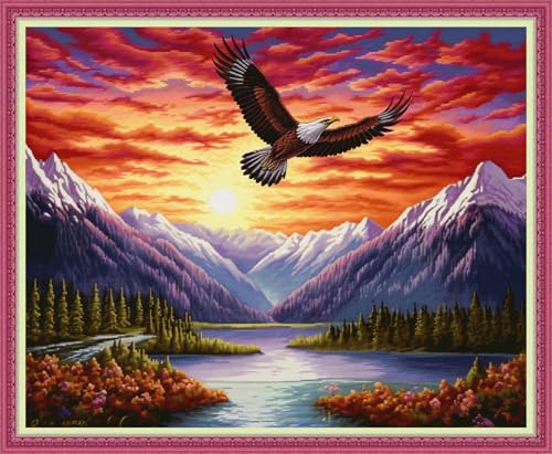Disnesart Cross Stitch Stamped Full Embroidery Kits DIY 11CT Cotton Thread Printed DIY Needlepoint Kits Craft Needlework Set Cross-Stitch Stamped Sets-Mountain Eagle 16x20 inch - color: Stylepattern17