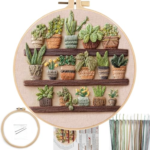 FONNUY Green Plant Embroidery Kit, Petite Potted Plants Patterns, Cross Stitch Kits for Adults and Beginners, Handmade Crafts with Printed Pattern Set, Thread Needlework, 8'' Hoop (Greeen A03) - color: Greeen A03