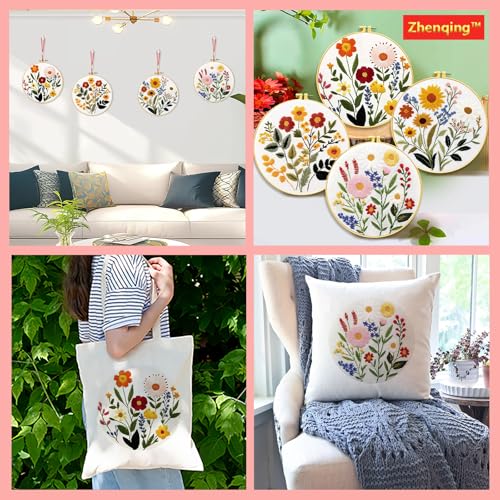 Zhenqing 4-Piece Floral Embroidery Kit for Beginners - Complete Set with Sunflower, Daisy Designs & Pre-Printed 29x29cm Cotton Fabric, Hoop, Threads & Tools(C0166) - color: C0166