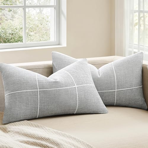 2 Packs Grid Embroidery Lumbar Pillow Covers 12x20in Light Grey - color: Light Grey, size: 20" x 12" (Pack of 2)