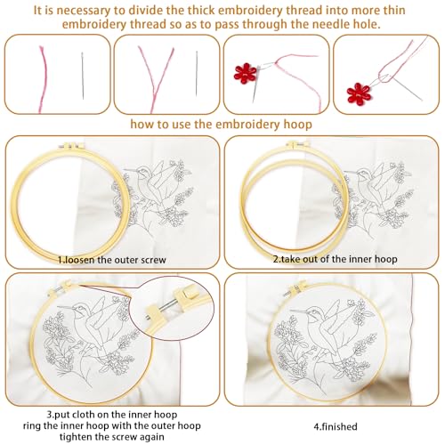 BEUNITONE 6 Set Hummingbird Starter Embroidery Kit with Pre-Stamped Pattern - style: Hummingbird