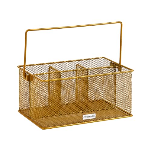 Mind Reader Multi-purpose Storage Caddy with Handle, Desktop Organizer, Cutlery Holder, 4 Compartments, Metal Mesh, Gold