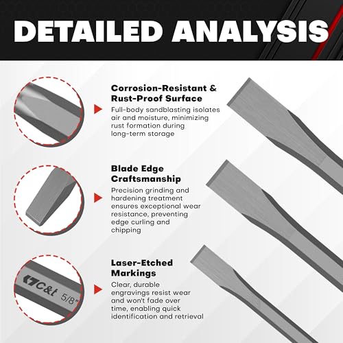 C&T 3-Piece Heavy Duty All Purpose Cold Chisels Kit, 3/8, 1/2, 5/8 in, for Carpentry, Metalwork, Woodwork & Masonry work - size: 3-Piece