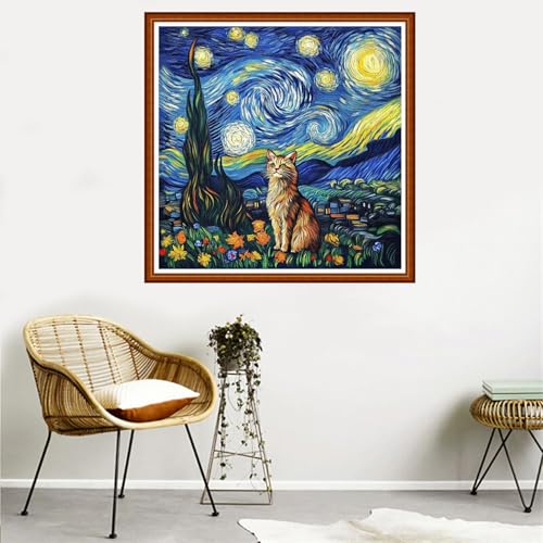 Redxing Counted Cross Stitch Kit for Beginners,Unprinted Needlepoint Kits for Beginners Cross Stitching Embroidery Kit 11CT Stitches kit-Van Gogh Starry Night Cat 18x18 inch - color: SetColor01