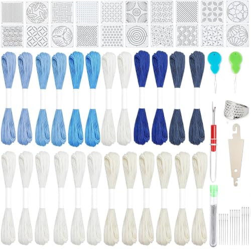 61 Pcs Sashiko Thread Kit with Plastic Sashiko Stencil, Embroidery Kit Fits for Sashiko Stitching, Hand Quilting Mending Supplies, Japanese Sewing Patterns for Beginners Visible Mending Kit Set