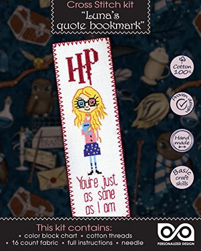 Personalized.Design Cross Stitch Bookmark Kit with Luna Lovegood Quote 'You're just as Sane as I am' - color: Luna