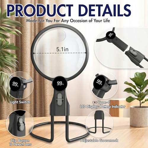 MAGNIPROS Hands-Free Magnifying Glass with Light for Seniors, 5X/10X Rechargeable GooseNeck Magnifier, 3 Color Light Modes, LCD Display, Reading, Sewing, Crafts