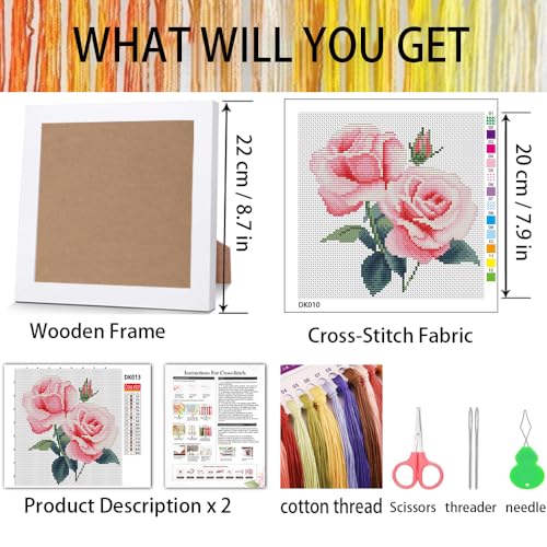 Pink Roses Stamped Cross Stitch Kits for Adult Beginner with Wooden Frame - color: Peony Cross Stitch with Framed