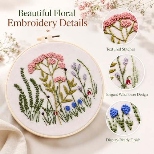 Drefund Embroidery Starter Kit for Beginners, Cross Stitch Kit Floral Pre-Stamped Pattern Kits for Adults with Hoop Embroidery Floss, Easy to Follow Needlework