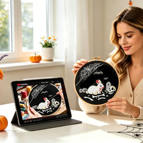 Halloween Embroidery Kits for Beginners Adults, Gothic Rabbit Embroidery DIY Kit, Halloween Cross Stitch Kits Needlepoint Kits for Beginners Adults Woman Gifts, Embroidery Hoop, Thread, Video Tutorial - color: H2123