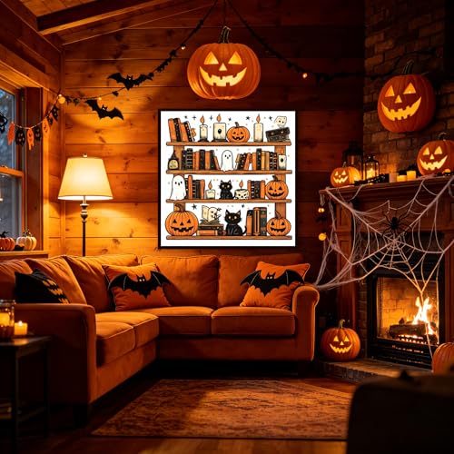 KYOQFVN Bookshelf Stamped Cross Stitch Kits for Adults Beginners - Halloween Counted Cross Stitch Kits - Halloween Embroidery Kits for Beginners Adults Arts Craft 14x14 inch - color: SZXWSJ-01