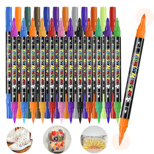Fabric Markers Permanent for Clothes, 24 Colors Dual Tip Coloring Markers Set with Fine and Chisel Tips Paint Pens for Clothing, Textiles,Canvas, Tote Bags, T-Shirt, Shoes, Hats&DIY Craft