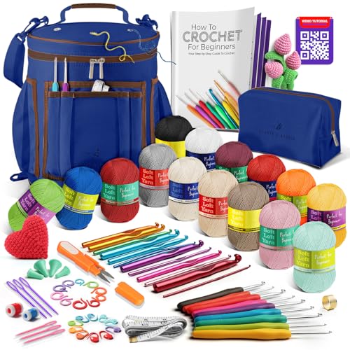 Crochet Kit for Beginners Adults and Kids - Beginner Crochet Kit for Adults with Step-by-Step Video Tutorials, Amigurumi and Crocheting Kit, Crochet Starter Kit with Soft Crochet Yarn and Crochet Bag - color: Royal Blue, style: Crochet Kit + Bag