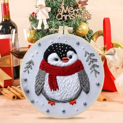 Christmas Embroidery Kit DIY Hand Embroidery Starter Cross Stitch Kits, Christmas Ornaments Embroidery with Stamped Pattern,Cotton,Threads,Needles,Instructions for Adults Beginners (Penguin) - color: Penguin