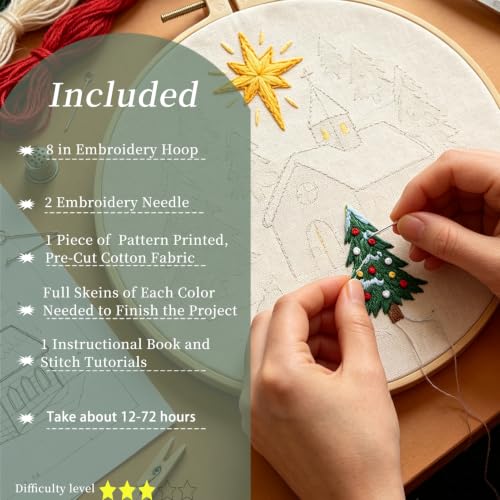 FONNUY Crewel Christmas Embroidery Kit for Beginners, Cross Stitch Set Winter Snow Scene Pine Owl Pattern for Adults, Easy to Follow Color Thread Needlework, 8'' Hoop (Tree and House 2) - style: Tree and House 2