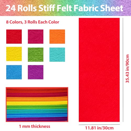 24 Pcs Wool Blend Felt Sheets Bulk, 12"x35", 1MM Thick - color: Rainbow Series