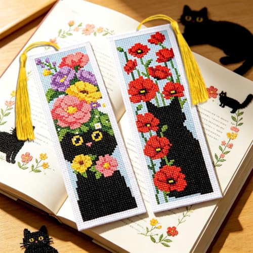 ACRNIGHEET 6PCS Cross Stitch Bookmark Kit for Beginner Stamped Cross Stitch Kits for Adults Cat & Floral DIY Tassel Embroidery Bookmark Kits Needlepoint Kit with Instructions Craft Gift 8.5''x3'' 11CT - style: Black Cat Floral with Tassel