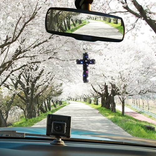 Bling Car Rear View Mirror Accessories Hanging Pendant,Cross Crystal Rhinestone For Car Mirror Hanging,Double-Sided Cross Diamond Religious,Interior Men Women Car Accessories - color: Black