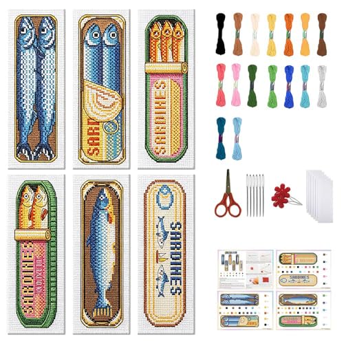 FREEBLOSS 6 Set Cross Stitch Bookmark Kit Canned Fish Patterns 8 * 2.4inch - style: Canned Fish