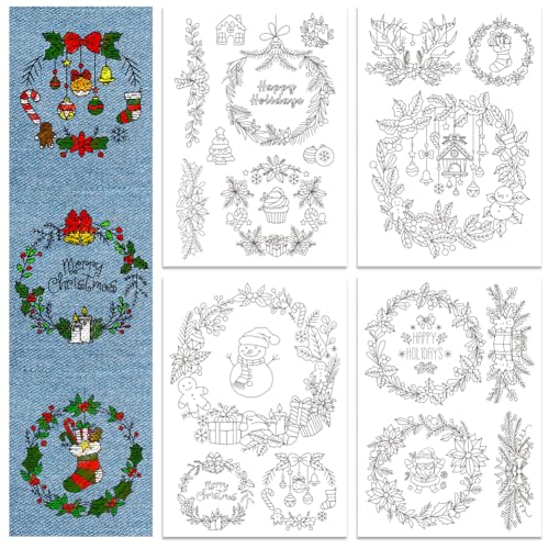 GLOBLELAND 4 Sheets Christmas Wreath Water Soluble Embroidery Pattern - color: Christmas Wreath