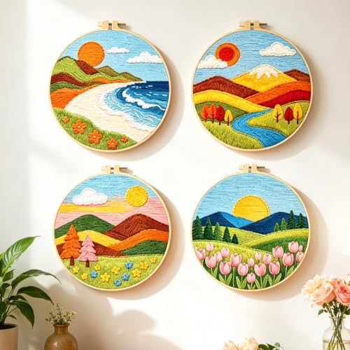 BEUNITONE 4 Set Embroidery Kit for Adults Beginner with Hoops & Instruction - style: C-Beginner Scenery