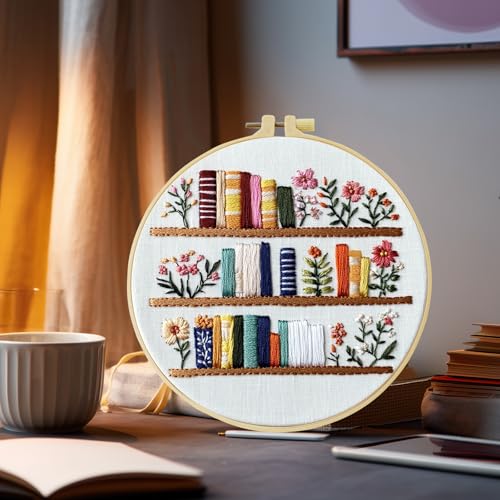 JOZYSH 8'' Flowers Embroidery Kit for Beginners Stamped Books and Flowers Pattern Embroidery Kit Cross Stitch Kit Embroidery Starter Kit with Instructions, Embroidery Hoops for Home Ofiice Decor