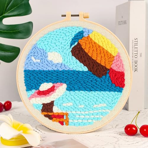 Woohome Punch Needle Kit Included Plastic Hoops, Punch Needle Cloth, Color Yarn and Punch Needle Tools for Adults, Beginners (Lighthouses, Sailboats, Blue Sky) - color: Color 15