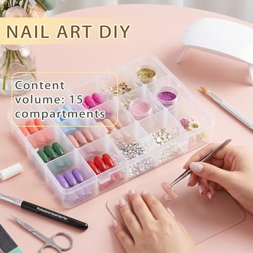 YuYueWeiXiao 15-Grid Large Plastic Storage Box with Shelves, Transparent compartments, Ideal for Snacks, Bead Crafts, Jewelry, and Fishing Gear. Dimensions: 10.6 x 6.7 x 2.2 inches.