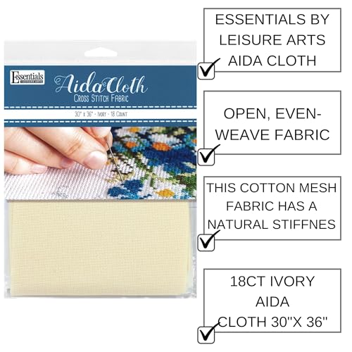 Essentials By Leisure Arts Aida Cloth, 18 Count, Ivory Cross Stitch Fabric, Embroidery Fabric, Cross Stitch Supplies for Crafting, Stitching, and Sewing Projects 30X36