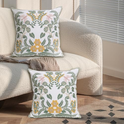Set of 2 Embroidered Decorative Throw Pillow Covers Couch Square Pillowcases Cushion for Bedroom Sofa Farmhouse Decor 18x18 Inch (Flower-A) - color: Flower-a