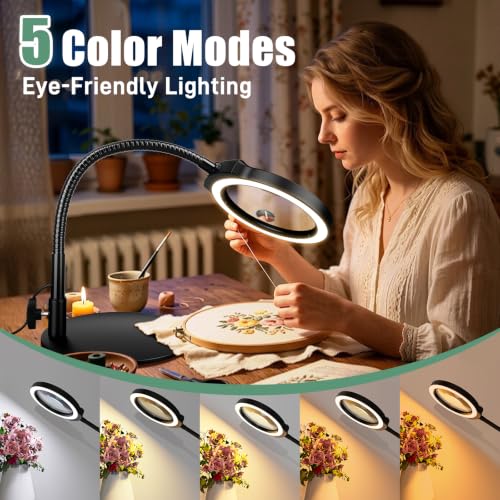 30X 10X Large Magnifying Glass with Light and Stand, 5-Inch Optical Grade HD Lens, 5 Color Modes Stepless Dimmable LED Desk Lamp, Hands Free Gooseneck Lighted Magnifier for Craft Painting Close Work - color: Black