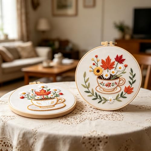 MAKHOT Folwer Embroidery Kits for Beginners with Cross Stitch Kits, Embroidery Hoop, Tools,Colorful Threads,Step by Step Instructions,Adults Starter Cross Stitch Kit DIY Needlepoint(2PCS Cup Flower) - color: 2PCS Cup Flower