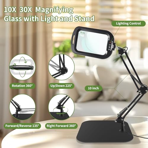 ‌10X 30X Large Square Magnifying Glass with Light and Stand/Clamp
