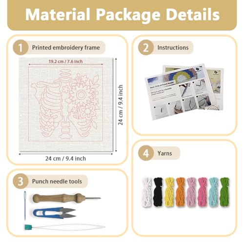 DOODLREAM Skeleton Ribcage Punch Needle Kit for Beginner 9.4" x 9.4" - color: Skeleton Ribcage