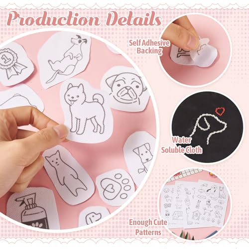 Magibeads 68 Patterns Dog Water Soluble Embroidery Patterns Puppy Paw Print Cartoon Animal Pet Stick and Stitch Transfer Embroidery Paper for Hand Sewing Beginners Starter Adult - color: Dog