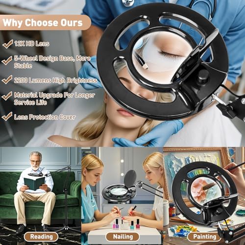 HITTI 2200 Lumens 12X Magnifier Esthetician Light, 4 Wheel Rolling Base - color: Black