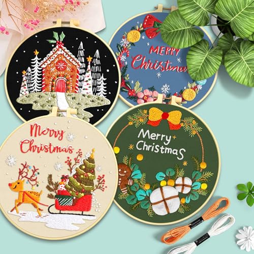 ERKOON 4 Sets Embroidery Kit for Beginners, Christmas Cross Stitch Set with Easy Pattern Embroidery Cloth Hoops Threads for Craft Lover Hand Stitch - color: Christmas