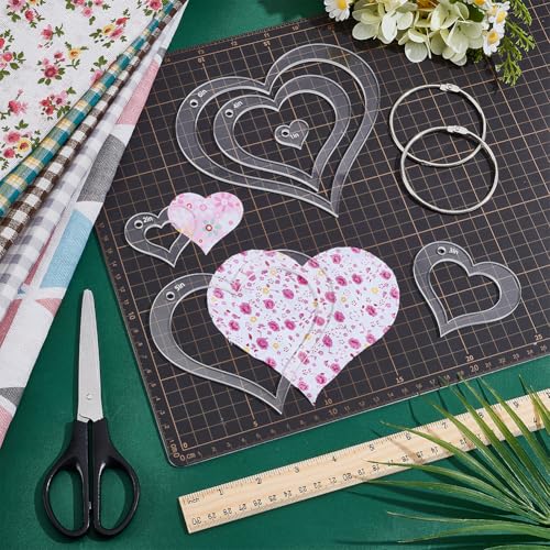 NBEADS 6Pcs Acrylic Quilting Templates Set with Hinged Rings, Cutting Ruler Template Transparent Heart Sewing Guides 0.98x0.78inch to 5.91x5.31inch for Fabric Marking and Craft Design - style: Heart