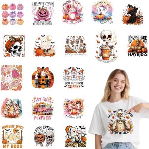20 Pcs Fall Halloween Iron on Transfers for T Shirts - color: Autumn Watercolor