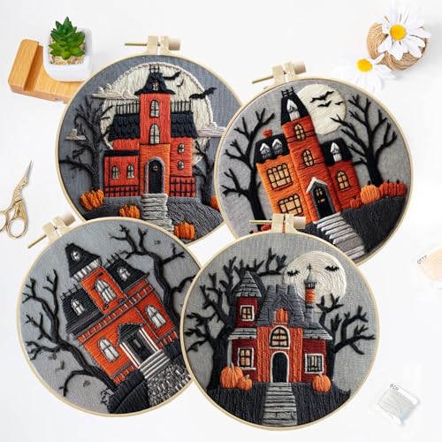 LB 4-Pack Halloween Castle Embroidery Kit for Beginners: Fall Pumpkin and Black Tree Bat Cross Stitch Kit | Adults DIY Starter Kit Includes Embroidery Hoop, Colorful Threads, Tools and Instructions - color: Black Orange
