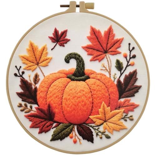 Esffaci Embroidery Starter Kit for Adult Beginner with Pumpkin Flower Pattern Hand Embroidery Set with Cloth Hoop Needle Threader Floss and Instruction - color: Pumpkin