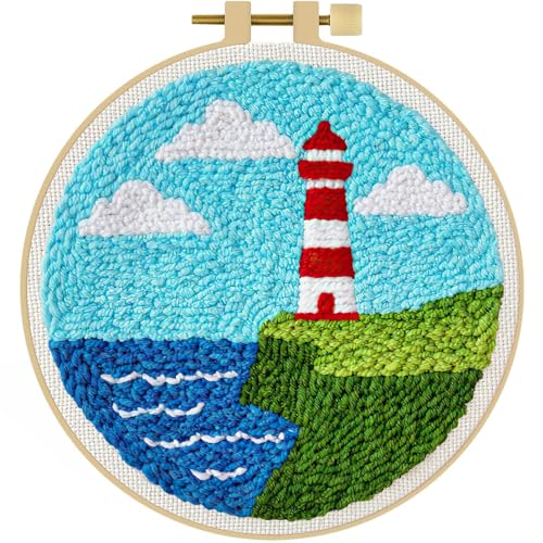 LACHLAND Punch Needle Kit Beginners, Landscape Stitching Kit for Adults&Teens DIY Embroidery Starter Craft with Yarn Needle Tool Easy Hobby Home Decor Gifts for Craft Lover (Blue Sky) - color: Lighthouse