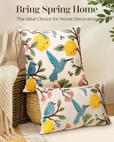 Embroidered Throw Pillow Cover 20x20 Inch, Bird Lemon - color: Bird Lemon, size: 20" x 20" (Pack of 1)