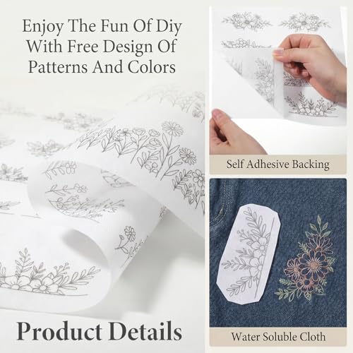 3 Sheets Embroidery Patterns Water Soluble Stick and Stitch Embroidery Paper Pre-Printed Floral, Flower Transfer Paper for Beginners Hand Sewing Lovers