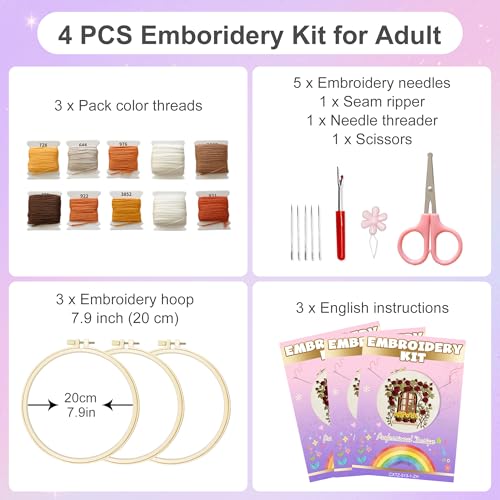 Huacan Embroidery Kit for Adults Beginners with 3 Hoops & Gift Box - color: Vintage Floral