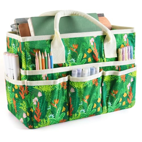 Craft Organizer Tote Bag with Multiple Pockets,Scrapbooking Art Storage - color: Tropical Botanicals