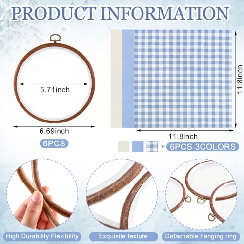 Tudomro 12 Pcs Decorative Embroidery Hoop with Fabric Set 6.7" Round Imitated Wood Cross Stitch Frame & 11.8" Blue Pre-Cut Cloth Squares for DIY Art Craft Sewing Hanging Ornament - color: Blue